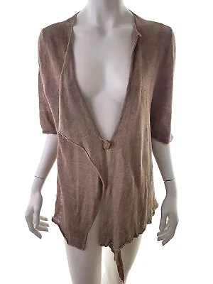 Zuza Bart  Size L Beige Long Buttoned Cardigan Linen 100% Short Sleeve Fine Knit • £75.11