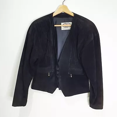 Hot Clothing Size S/M Black Suede Leather Pintuck Collarless Vintage 80s Jacket • $59.95