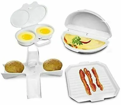 Microwave Cooking Potato Baker Egg Poacher Omelette Maker Bacon Trays Set Of 4 • £12.95