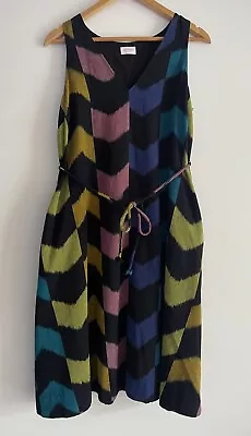 GORMAN Black Sleeveless Lined  Dress Sz 14 Multi Colour Chevron Tie Waist Cotton • $89.95