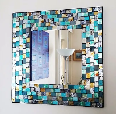 Square Mosaic Wall Mirror Teal & Gold Brushed Style Hand Made In Bali 38cm NEW • £35.99