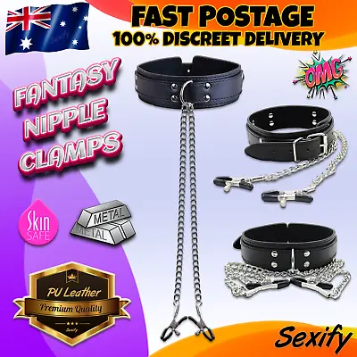 BDSM Bondage Collar Nipple Clamps Chain PU Leather Restraints Fetish Sex Toy • $16.95