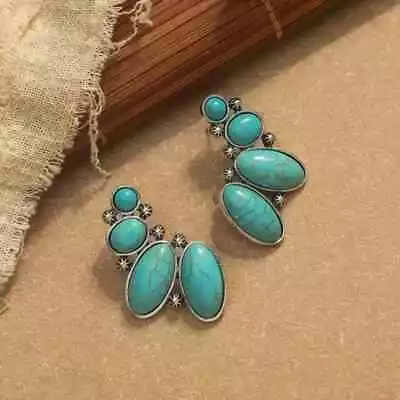 Silver Turquoise Western Concho Multi Oval  Design Stud Earring-Turquoise Earing • £13.99