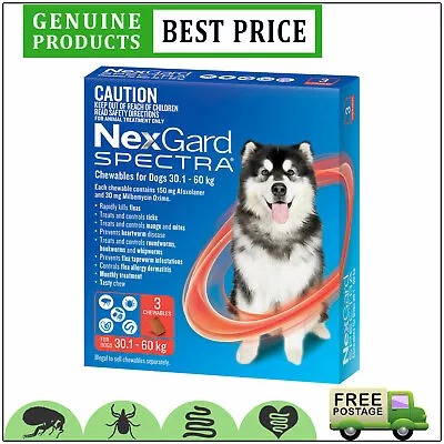 NEXGARD SPECTRA 3 Doses For Dogs Heartworm Flea Prevention 30.1 To 60 Kg RED • $79.45