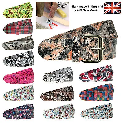 40mm Mens Womens Pattern Printed Real Leather Belts 1.5  Handmade In England • £17.99