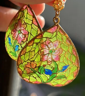 Vintage Heart Shaped Plique-a-jour Stained Glass Chinese Dangle Earrings • $66.49