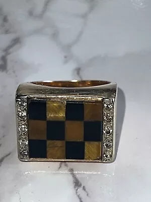 Mens 70s Vintage Estate 25G 14KT Yellow Gold & (10x)DiamondTE Checkerboard Ring • $2995