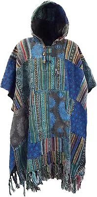 Boho Patchwork Poncho Mens Hippie Long Woven With Hood Pure Cotton Festival • $70