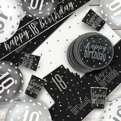 Glitz Black/Silver 18th Birthday Party Tableware Decoration Plates Banners Age18 • £2.49