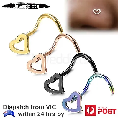 $3.99 • Buy 1PC Heart Nose Ring Stud Spiral Screw Piercing Stainless Steel Body Jewellery