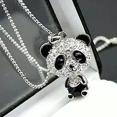 Super Cute Silver Tone Movable Crystal Panda Necklace • £4.59