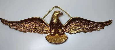 Vtg Gold Cast Metal American Eagle Bird Wall Hanging Plaque & Chain Spread Wings • $29.99