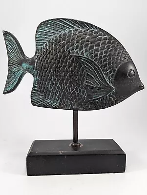 Vintage Bronze/Copper Metal Fish Sculpture With Verdigris Patina And Wood Base • $64.94