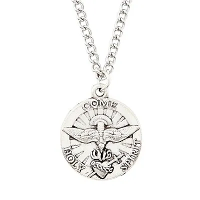 Necklace Dove & Sacred Heart Medal - Antique Silver Plate - 10 L Chain3/4  Dia • $19.99