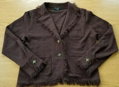 ECI New York Wool Blend Womens Fringes Collared Cardigan Sweater Pockets Size 12 • $23.79