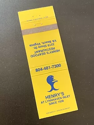 Vintage Virginia Matchbook: “HENRY'S AT LYNNHAVEN INLET SINCE 1938” • $8.95