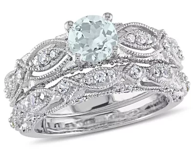 1.40 Carat (ctw) Aquamarine And Lab-Created White Sapphire Ring Set 10K Gold • $839