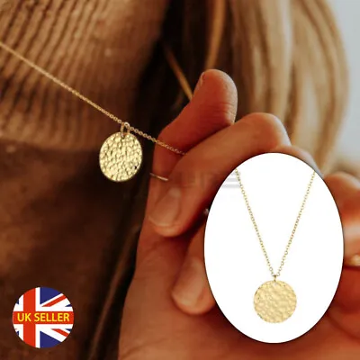 £3.99 • Buy Simple Casual Hammered Circle Coin Disc Pendant 18K Gold Plated Necklace Jewelry