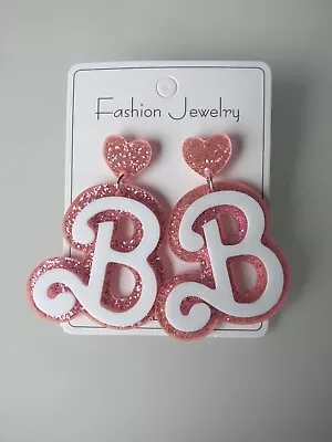 Pink White Barbie Statement Earrings New Acrylic Letter B Quirky Novelty • £3