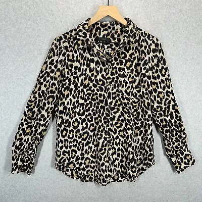 J.Crew Silk Cheetah Leopard Print Blouse Womens Size 8 BUtton Down Collared EUC • $32.85