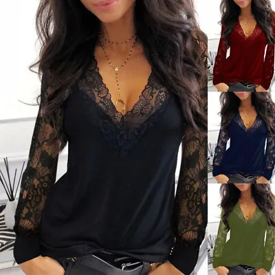 $8.92 • Buy Women Lace See-through Long Sleeve Tops Ladies V-neck Casual T-Shirt Blouse US
