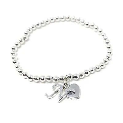 Personalised Women's Girls Heart And Letter Charm Silver Bead Stretch Bracelet • £3.95