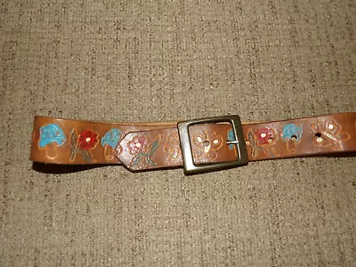 Vintage Tooled Mushroom Butterflies Hand Painted Leather Belt 24 Hippie Bohemian • $29.95
