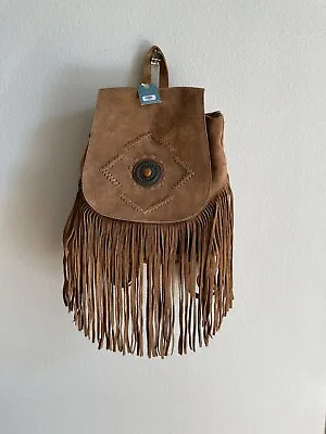 £44.71 • Buy Brown Suede Leather Fringed Adjustable Strap Bohemian Backpack Bag