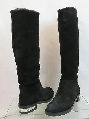 Miu Miu Prada 5w656a Black Suede Fur Crystals Jeweled Heel Tall Boots 39.5 • $495