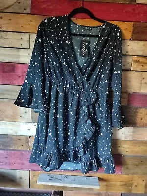 Quiz Star Print Mini Dress Size 12 Bnwt Frill Asymmetric Long Sleeve Black  • £9.99