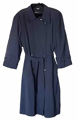 American Bazaar Intl Women's 13/14 Trench Coat Navy Blue Belt Lined Pockets 80s • $34.99