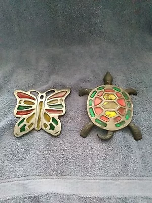 Vintage Cast Iron Turtle And Butterfly W/ Stained Glass Inlay Trivet / Hot Plate • $19.95