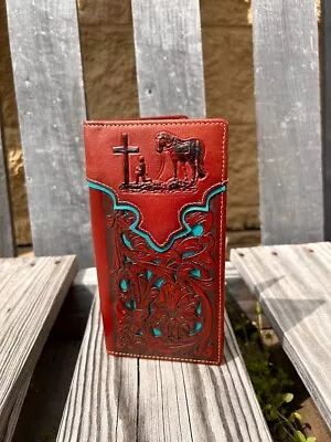 5023-2BR Praying Cowboy Brown With Turquoise Inlay Laser Cut Tall Leather Wallet • $22