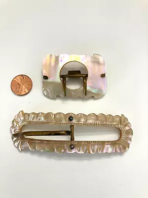 Antique Vtg Lot 2 Mother Of Pearl Carved MOP Shell Sash Belt Buckle Brass Claw • $29.99