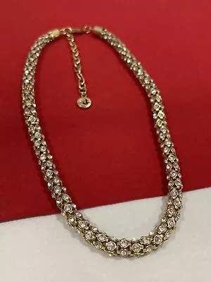 Swarovski Swan Mesh Tube Gold Tone Adjustable Necklace White Bezel Crystals 19” • $49.95