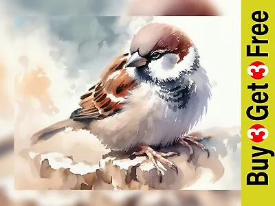 Elegant Sparrow Watercolor Art Print 5  X 7  Charming Bird Painting Home Decor • £4.99