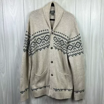 Eddie Bauer Mens Sweater XL Tall Cream Icelandic Fairisle Wool Cardigan Grandpa • $40