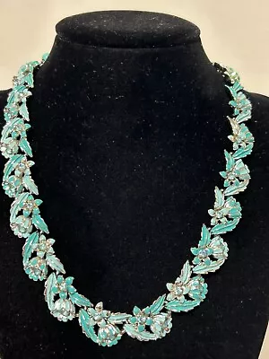 Vintage Coro Turquoise Aqua Enamel Flower Leaf Silver Tone Necklace Signed • $24.99