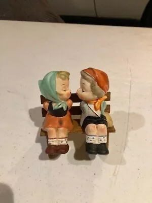 Vintage Napco Boy & Girl Kissing Salt Pepper Shakers Wood Bench A4557 Figurines • $14