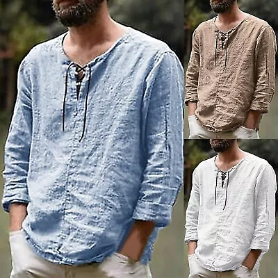 Men's Casual Solid Splice V Neck Blouse Drawstring Long Sleeve Tops T Shirt • $18.21