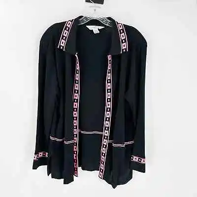 Ming Wang Black Pink Collared Shoulder Pads Open Front Knit Cardigan Size Large  • $40.50