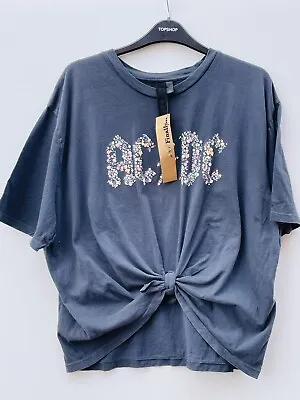 £14.99 • Buy Topshop AC-DC Grey Knot Front Tee T-shirt Size 14 16 Bnwt