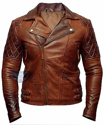 Mens Biker Classic Diamond Motorcycle Brown Distressed Vintage Leather Jacket-B7 • $104