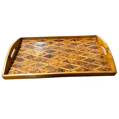 Lacquered Wood Serving Tray Inlaid Geometric Mosaic With Handles Morroccan • $41.24