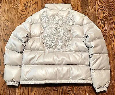 Christian Audigier Leather Down Jacket Womens Large Ed Hardy Silver Gray NWOT • $83.99