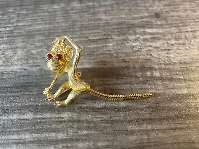 Vintage Gold Toned Monkey With Movable Tail And Red Rhinestones Eyes • $14.99