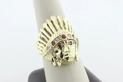 £572.89 • Buy 10K Yellow Gold Alternating White & Pink CZ Indian Head Chief Ring - Size 10 