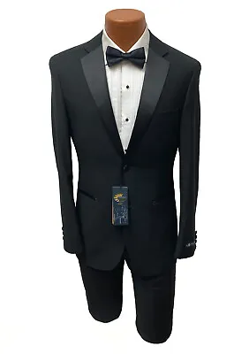 Men's Caravelli Black Tuxedo With Pants Shirt Studs Bow Tie Slim Fit 44R 38W • $179.95