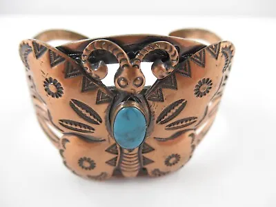 Signed Copper Bell Vintage Butterfly Cuff Bracelet With Faux Turquoise Stone • $35