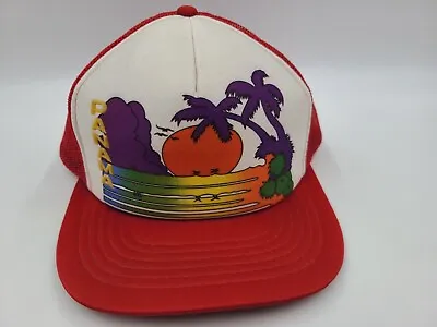 Vintage Panama Mesh Trucker Snapback Hat Cap Beach Tropical Palm Trees White Red • $13.99